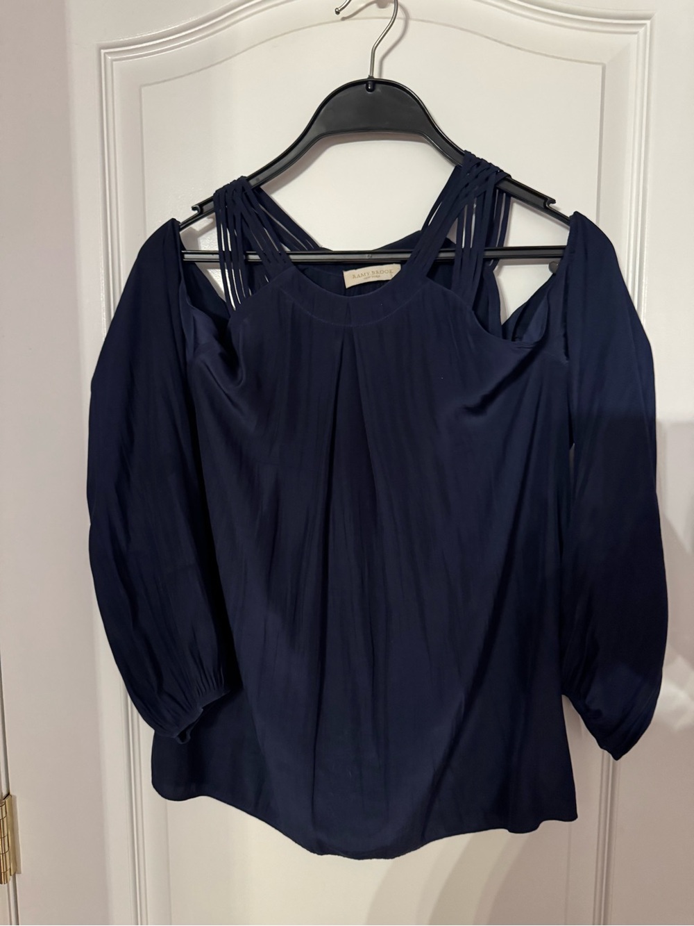 Ramy Brook Navy Cold-Shoulder Pleated Blouse with Strappy Detail size Medium
